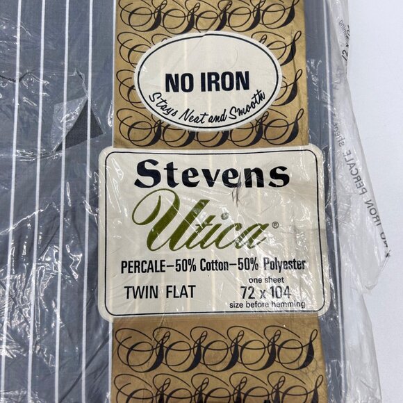 VTG NIP STEVENS UTICA GRAY WHITE STRIPE PERCALE TWIN FLAT SHEET 72X104 NO IRON - Picture 2 of 5